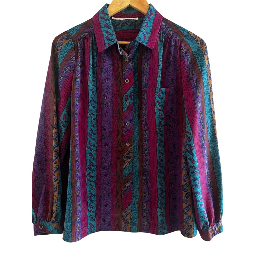 Vintage Schrader Sport SZ S/M Paisley Stripe Retro Boho Button Up Dress Shirt